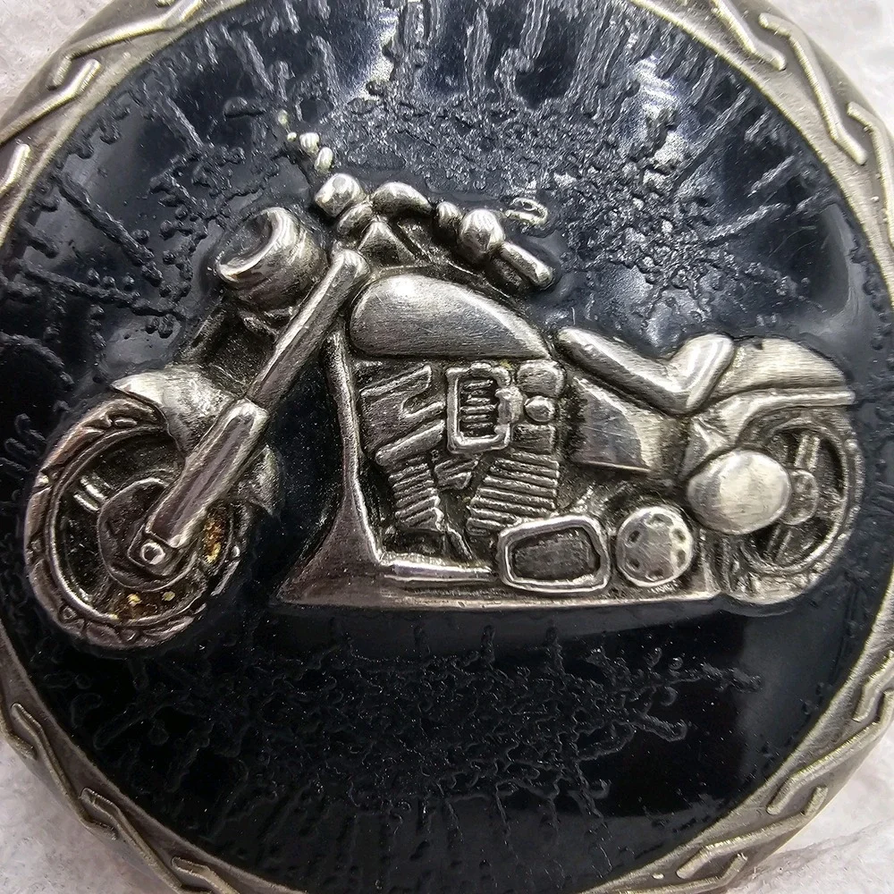 Calvin Hill Silver-Toned Pocket Watch Black Enamel Motorcycle Not Operational